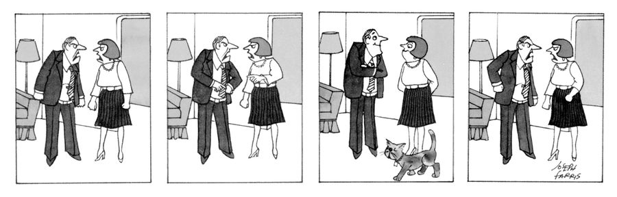 A man and woman are arguing, but stop when a cat wanders by, only to continue arguing once the cat is gone.