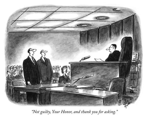 "Not guilty, Your Honor, and thank you for asking."