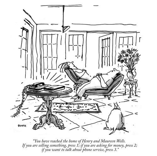 "You have reached the home of Henry and Maureen Wells. If you are selling something, press 1; if you are asking for money, press 2; if you want to talk about phone service, press 3."