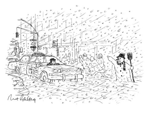 A snowman hails a taxi in a snowstorm in a city
