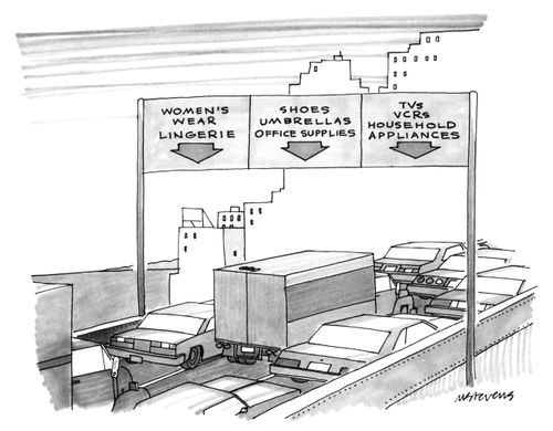 Road signs point to various things to buy including "women's wear", "office supplies" and "household appliances".