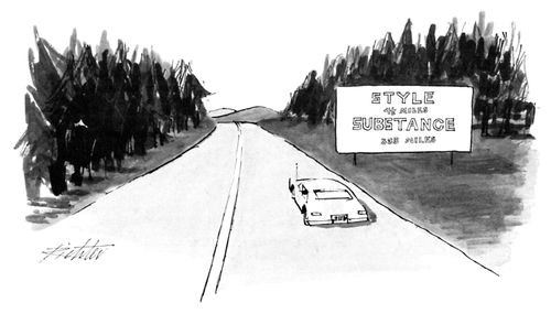 A car drives past a sign that reads "Style 4 1/2 miles" and "Substance 385 miles".