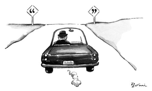 A man drives down a road that has two road signs with quotations marks positioned on either side of it.