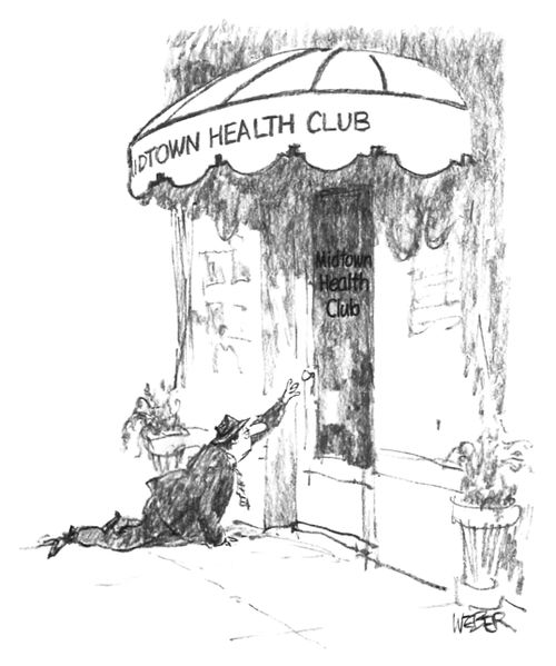 Man struggles to open the door to a health club.