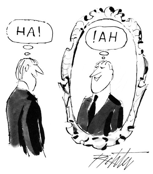 A man looking into a mirror saying "HA!"; his reflection looking back at him from the mirror is saying "!AH".