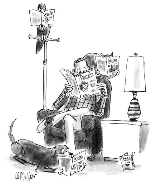 Man reading a "People" magazine while his bird reads a "Bird" magazine, his dog reads a "Dog" magazine and so on.