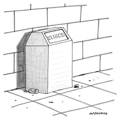 A trash bin with the words "Ethics" written on it.