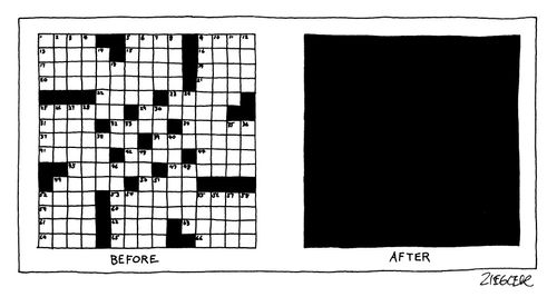 Two pictures of a crossword puzzle; one, labeled "Before", that is empty and one, labeled "After", that is a complete filled-in black square.