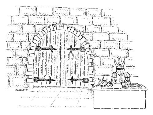 A knight sits as the receptionist in front of a castle.