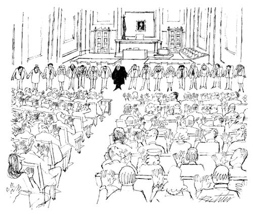 A judge, the lawyers for the prosecution and defense, the accused and the jury stand in front of a packed courtroom and bow while holding hands like they are finishing a performance.