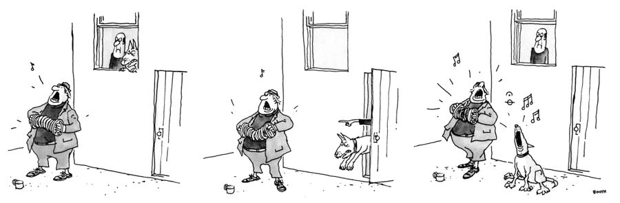 Dog joins the busking instead of attacking