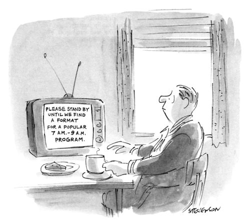 A man eats his breakfast while staring at a TV that reads "Please stand by until we find a format for a popular 7 a.m.- 9 a.m. program."