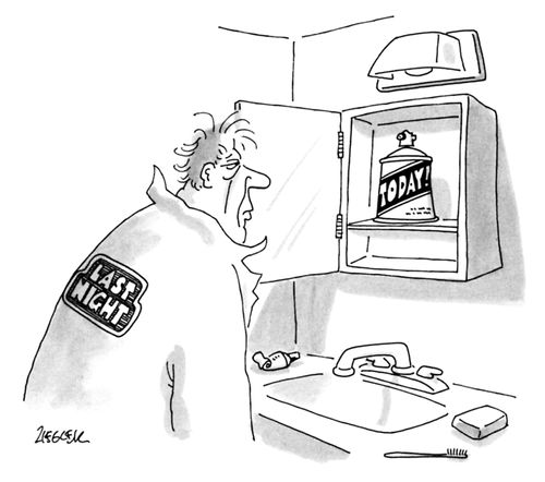 A man wearing a shirt labeled "Last night" opens his medicine cabinet containing an aerosol can labeled "Today".