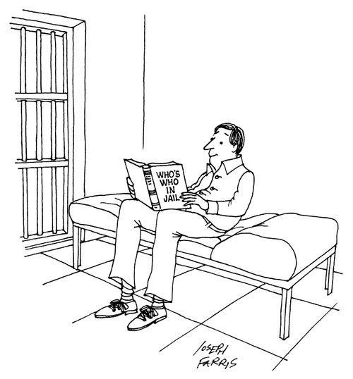 A man sitting in a jail cell reading a book titled "Who's Who in Jail".