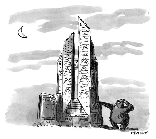 A giant ape struggles to climb twin towers.