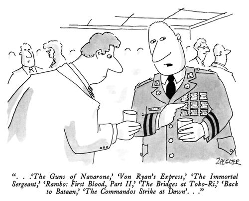 A general points out his ribbons which signify films he has watched.