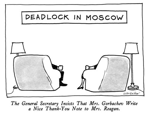 Deadlock In Moscow: The General Secretary Insists That Mrs. Gorbachev Write a Nice Thank-You Note to Mrs. Reagan.