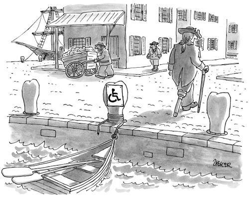 Sailor with a wooden leg leaves his rowboat tied to a pier that is labeled with a disabled parking sign.