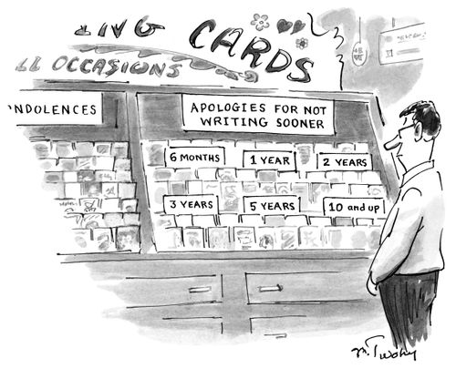 Man looking at greeting cards labeled "Apologies for not writing sooner" with sub-headings for different lengths of time.