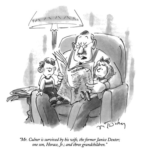 "Mr. Culner is survived by his wife, the former Janice Dexter; one son, Horace, Jr.; and three grandchildren."