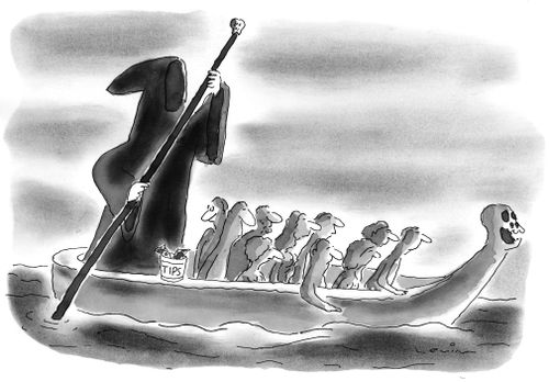 Grim Reaper rowing a boat full of dead souls to the afterlife; a tip jar sits on the side of the boat.