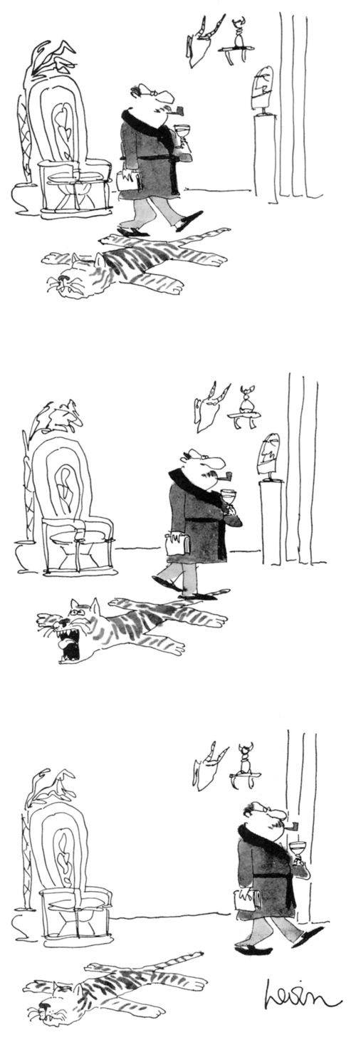 A man steps on the tail of an animal skin rug