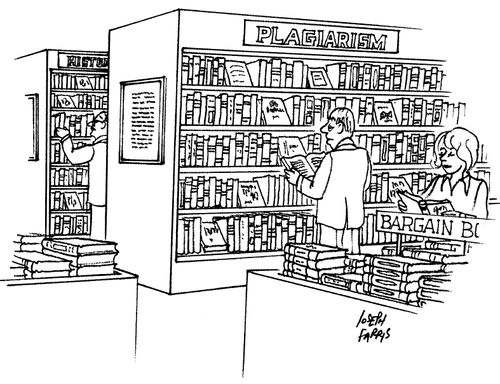 A man looks through books in a section of a bookstore labeled "Plagiarism".