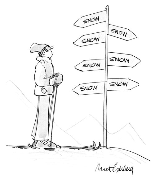 Skier looking at a sign with arrows pointing in different directions all reading "SNOW."