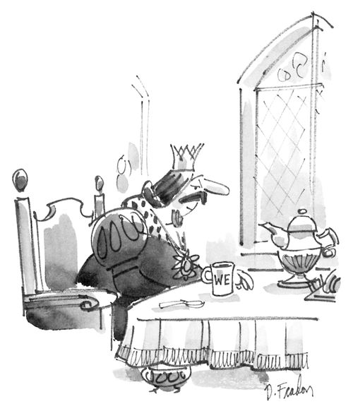 King sitting at the breakfast table drinking coffee from a mug labeled "We".