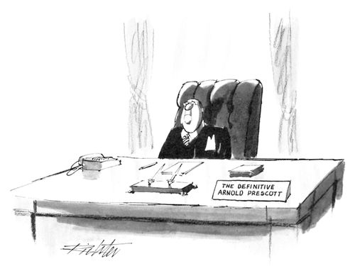 A businessman sits behind a desk with a nameplate on it that reads "The Definitive Arnold Prescott".
