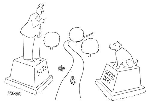 Two statues face each other in a park; the state of a man is labeled "Sit!" while the statue of a dog is labeled "Good Dog".