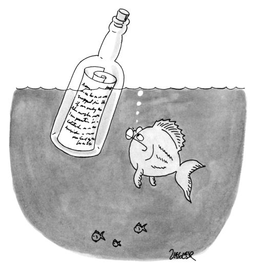 Message in a bottle being read by a fish