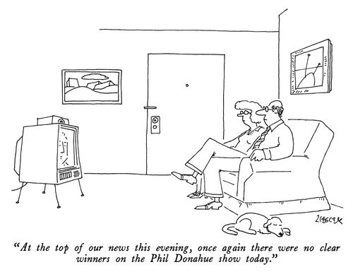 "At the top of our news this evening, once again there were no clear winners on the Phil Donahue show today."