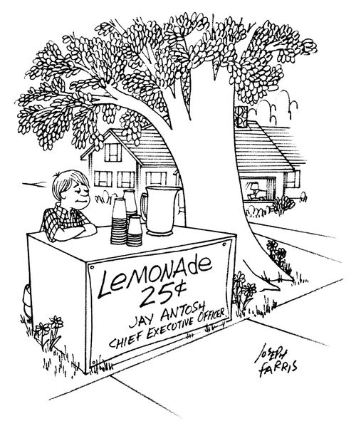 A young boy sits behind a lemonade stand with a sign that reads "Lemonade 25¢ - Jay Antosh, Chief Executive Officer".