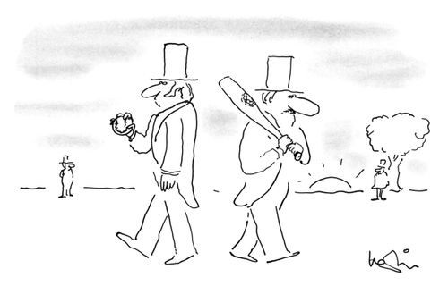 Two men preparing for a duel; one holds a baseball while the holds a baseball bat.
