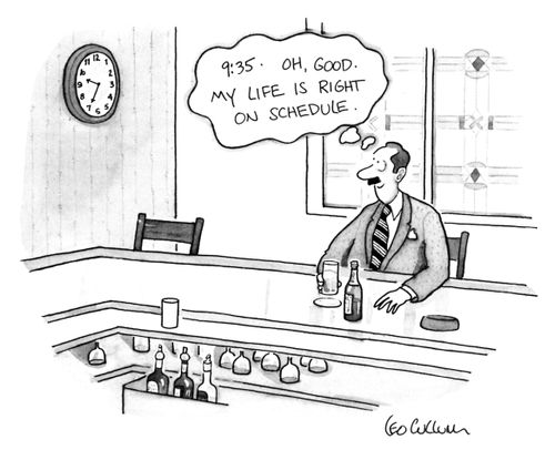 "9:35. Oh, good. My life is right on schedule."