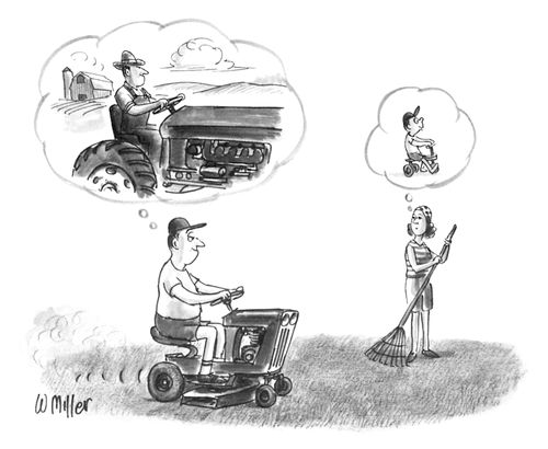 A man imagines he looks like a farmer on a tractor on a ride-on mower and 