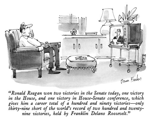 "Ronald Reagan won two victories in the Senate today, one victory in the House, and one victory in House-Senate conference, which gives him a career total of a hundred and ninety victories - only thirty-nine short of the world's record of two hundred and twenty-nine victories, held by Franklin Delano Roosevelt."