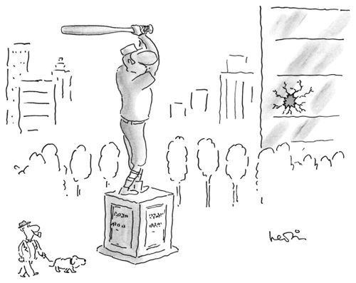 A statue of a baseball player swinging a bat stands next to a building with a broken glass window.