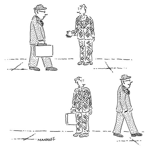 A businessman gives a beggar his briefcase.