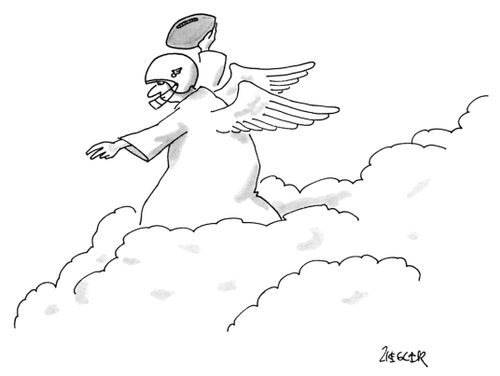 A angel wearing a helmet poised to throw a football down from heaven.