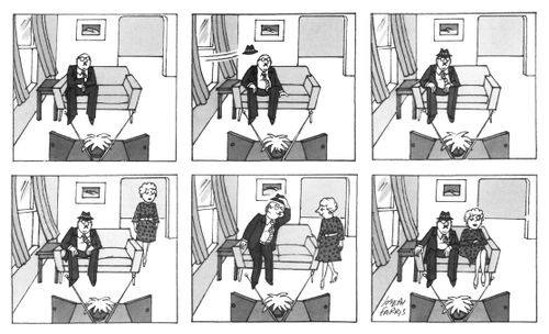 A comic strip shows a man watching TV when a hat blows in through an open window and lands on his head. When a woman enters the room the man stands up and tips his hat to her before they both sit down and watch TV.