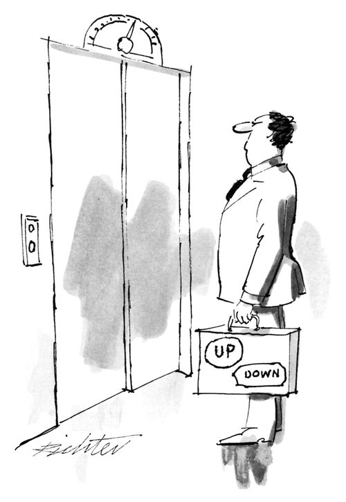 A businessman waits for an elevator; on his briefcase are two stickers reading "Up" and "Down".
