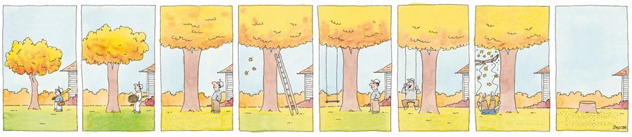 An eight-panel cartoon drawing of a tree growing as a boy grows into a man. 