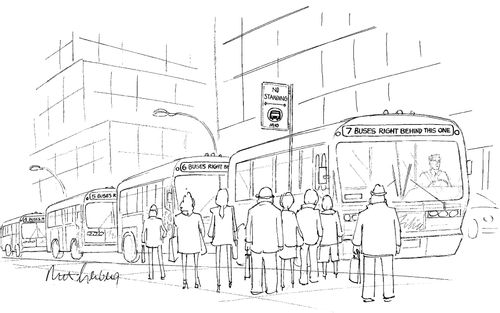 A line of buses with signs reading: "7 Buses Right Behind This One"; "6 Buses Right Behind This One"; "5 Buses Right Behind This One"