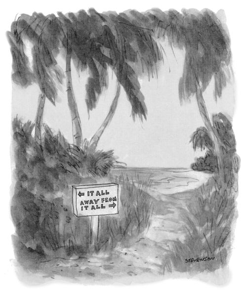 A sign giving directions to 'it all' and 'away from it all'.