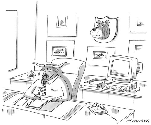 A bull does his work with a bear head on the wall.