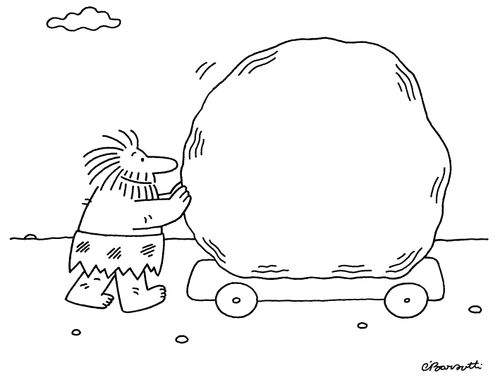 Caveman transporting boulder.