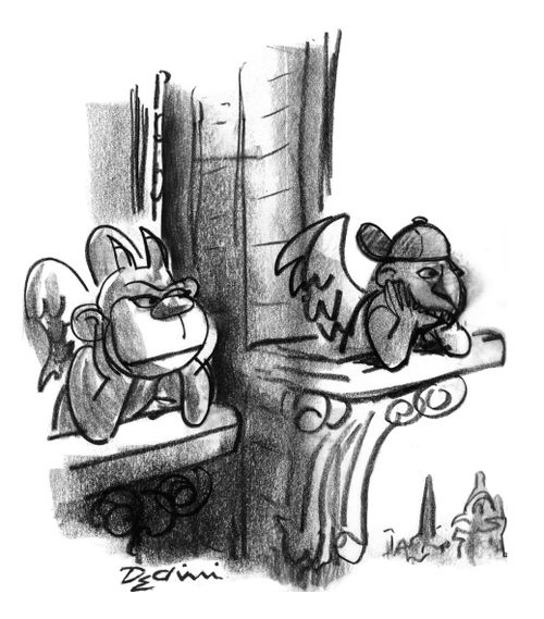 A grotesque looks at another grotesque who is wearing a baseball cap.
