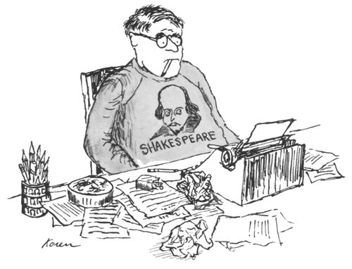 A writer working on a typewriter is wearing a shirt with William Shakespeare's face on it.